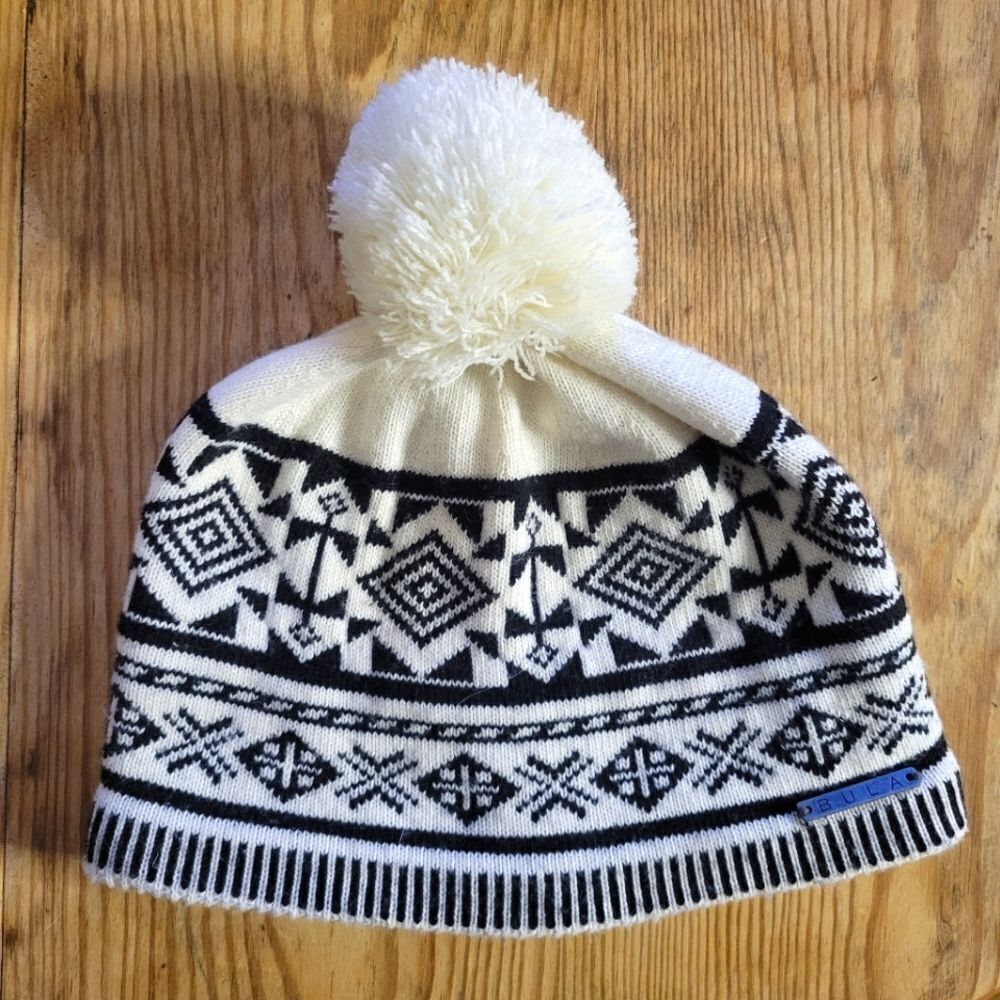 NWOT Bula Black and White Patterned Pom-Pom Beanie